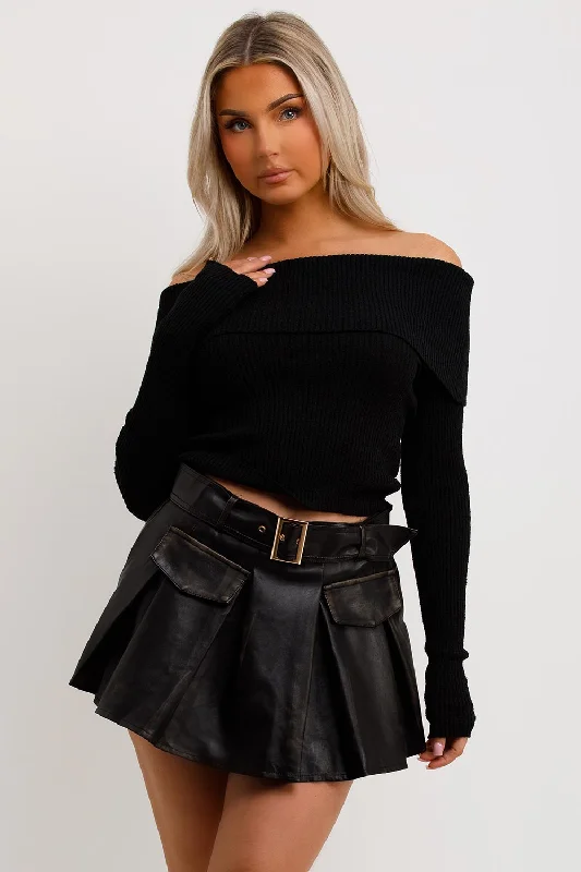 Faux Leather Pleated Skorts Black