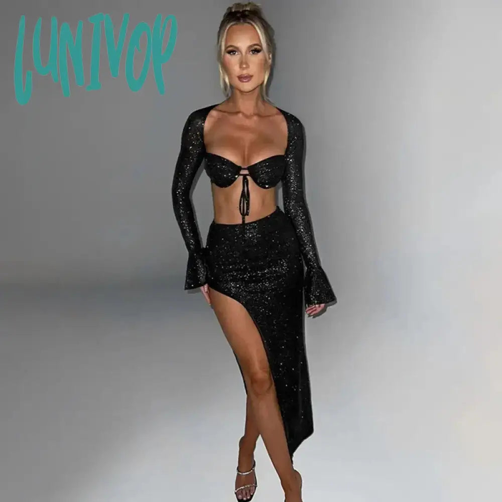 Lunivop Fashion Tie Front Detail Slit Dress Sets Flare Sleeve Mesh Glitter Sexy Backless Top and Skirt 2 Piece Set Outfits Skirt Sets