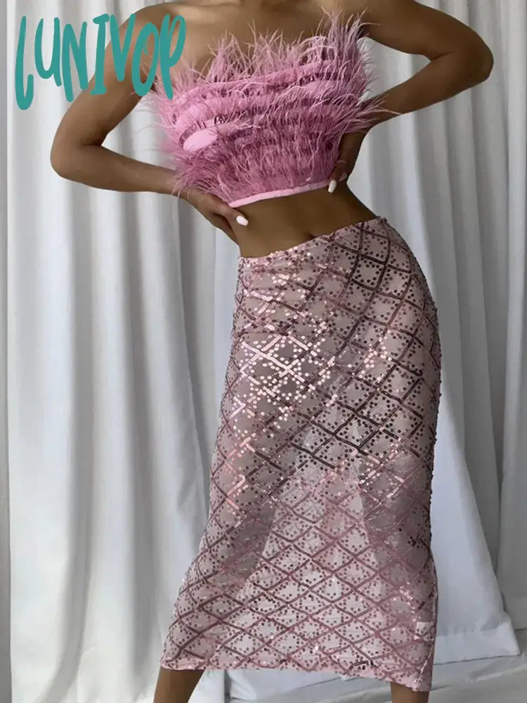 Lunivop Luxury Women Summer Sexy Strapless Backless Feather Pink Mesh Sequins Bodycon Skirt Set Elegant Evening Club Party Outfits