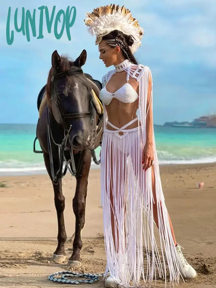 Lunivop New Fashion High Quality Women Sexy Tassel Handwoven Set Two Piece Beach Bathing Suit Hollow Out  Backless Skirts Matching Sets