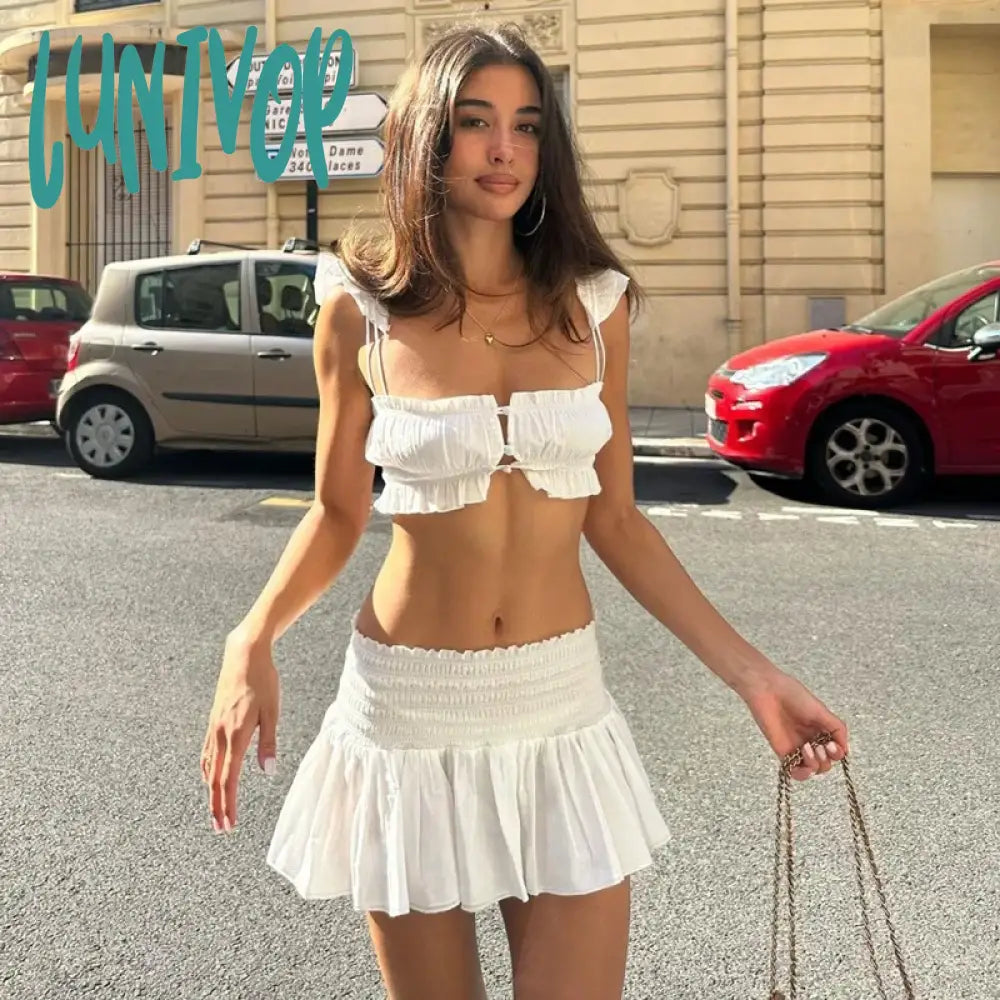 Lunivop Y2K Sweet White Two Piece Sets Summer Elegant Outfits Pleated Top A Line Skirt Co-ords Sets Festival Club Clothes