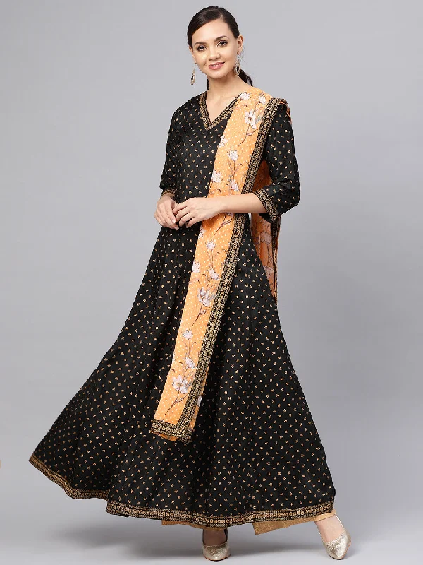 Ahalyaa Black and Gold Printed Anarkali Kurta Set For Women