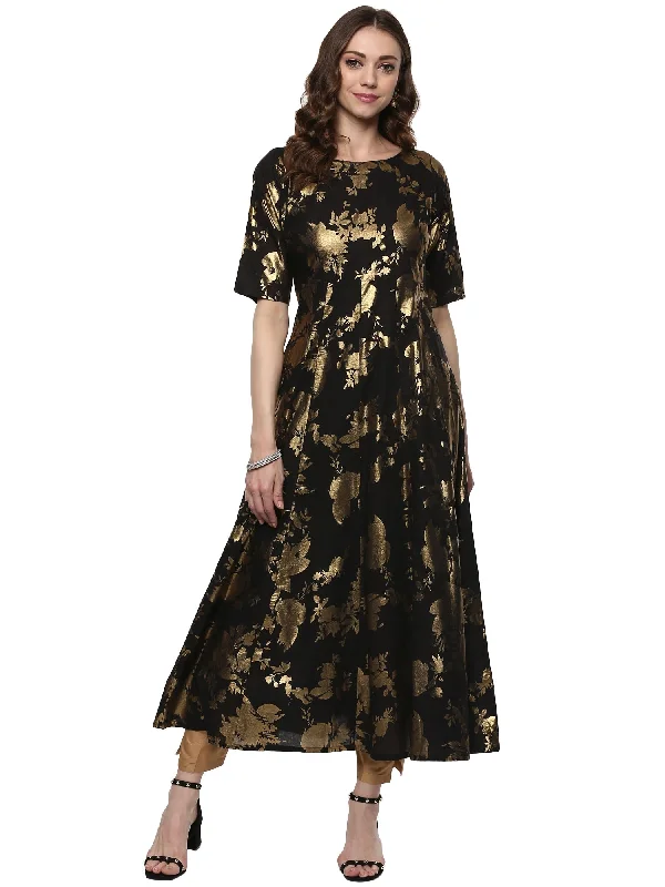 Ahalyaa Black Floor Length Cotton Blend Anarkali With Gold Print