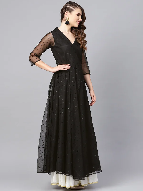 Ahalyaa Black Star Foil Print Angrakha Anarkali Kurta