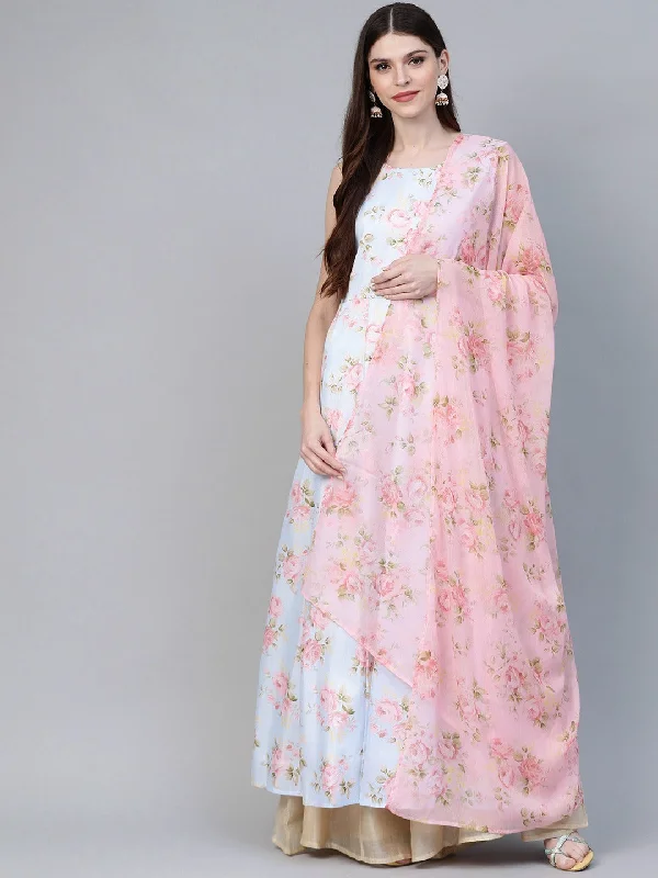 Ahalyaa Blue & Pink Floral Printed Anarkali Kurta with Dupatta