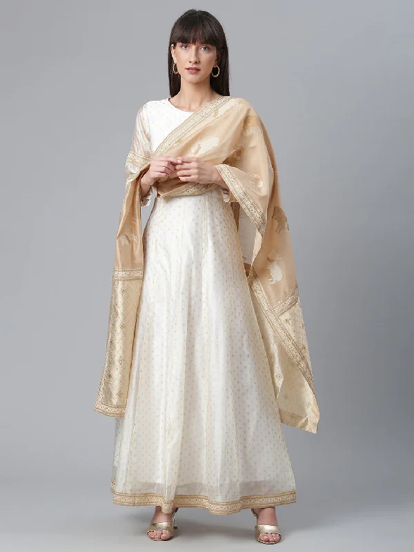 Ahalyaa Cream-Coloured & Golden Printed Anarkali Kurta with Dupatta