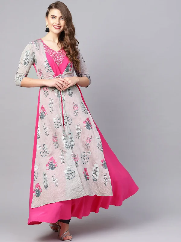 Ahalyaa Grey & Pink Floral Print Layered Anarkali Kurta