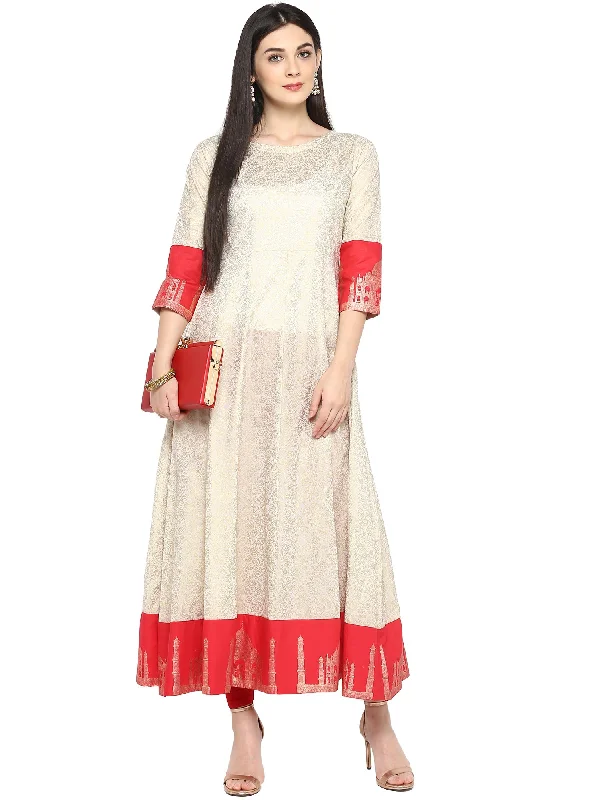 Ahalyaa Off White & Red Gold Printed Anarkali