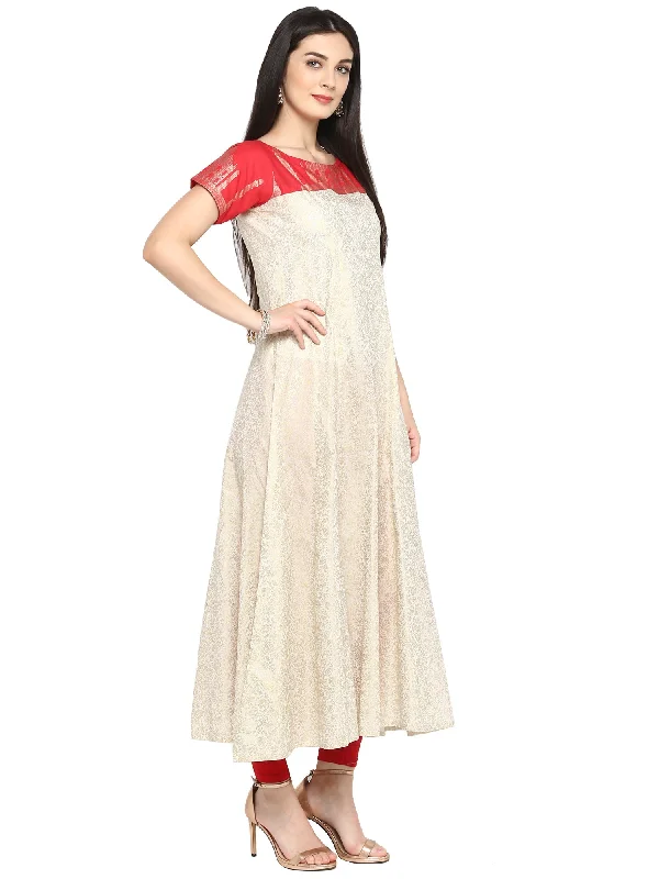 Ahalyaa Red & Off White Metallic Print Beautiful Anarkali Kurta