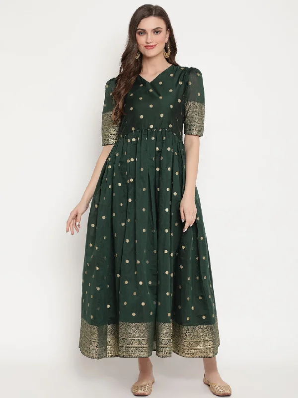 Ahalyaa Women Beautiful Green Print Work Chanderi Silk Anarkali Kurta