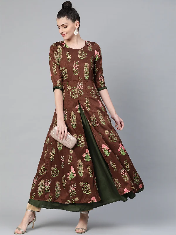 Ahalyaa Women Brown & Olive Green Floral Print Layered Beautiful Anarkali Kurta