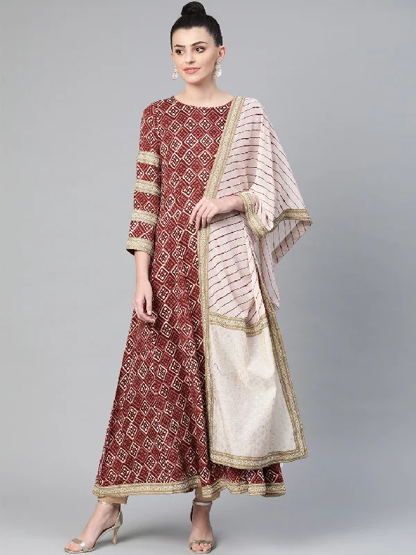 Ahalyaa Women Maroon & Off-White Printed Anarkali Kurta with Beautiful Dupatta