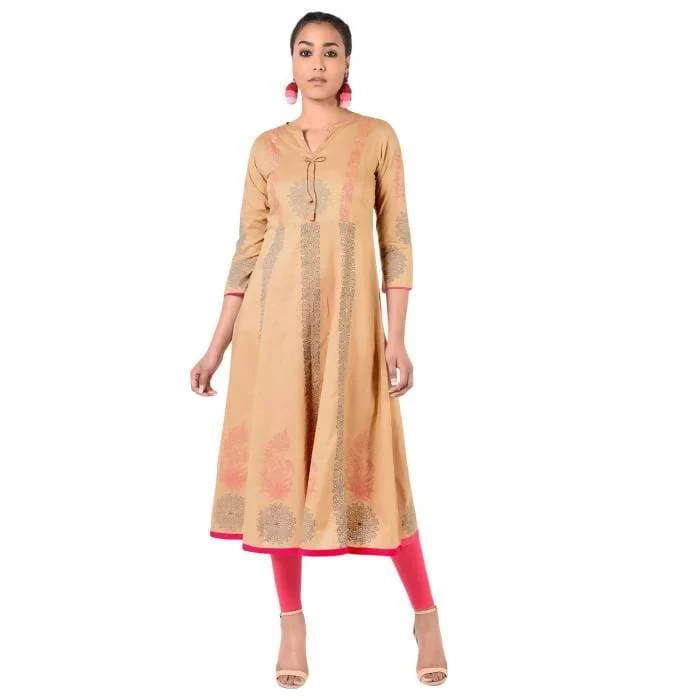 Aniyah Cotton Floral Print Anarkali Kurta In Beige (AN-165K)