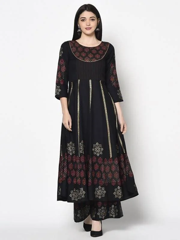 Aniyah Rayon Black Color Block Print Anarkali Kurta (AN-187K)