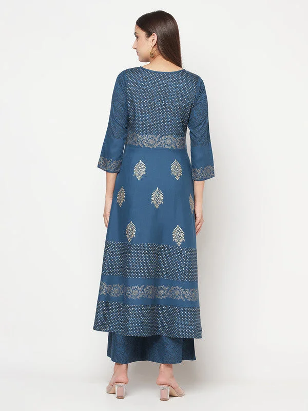 Aniyah Rayon Block Print Blue Anarkali Kurta