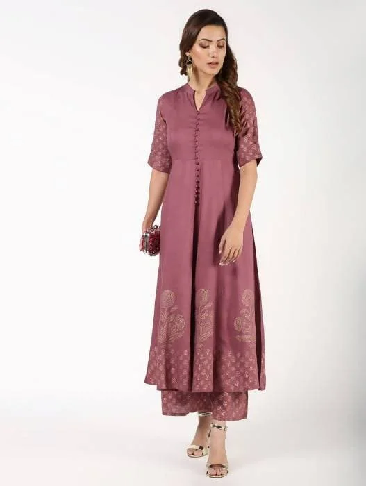 Aniyah Rayon Block Print Flared Anarkali Kurta Dusty Pink (AN-157K)