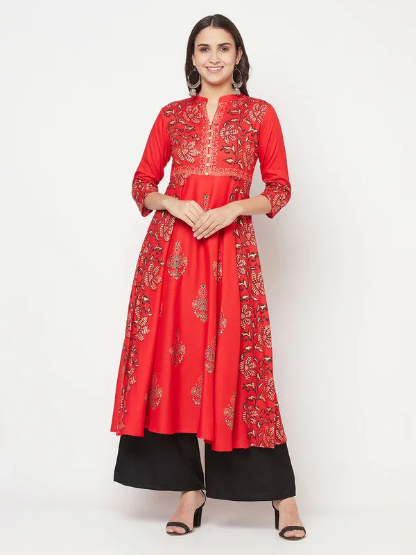 Aniyah Rayon Block Print Red Anarkali Kurta