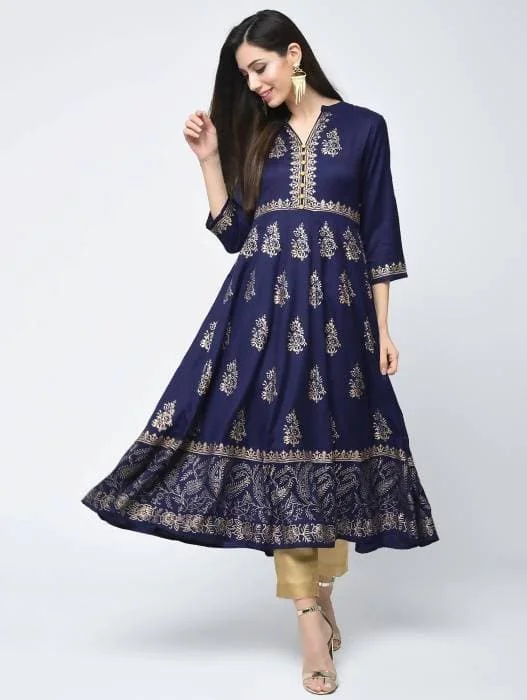 Aniyah Rayon Block Printed Anarkali Blue Kurta (AN-116K)