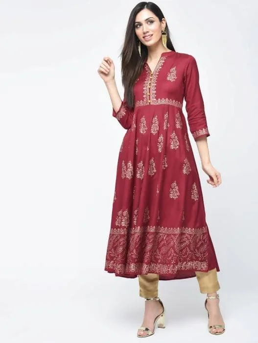 Aniyah Rayon Block Printed Anarkali Kurta In Maroon (AN-116A)