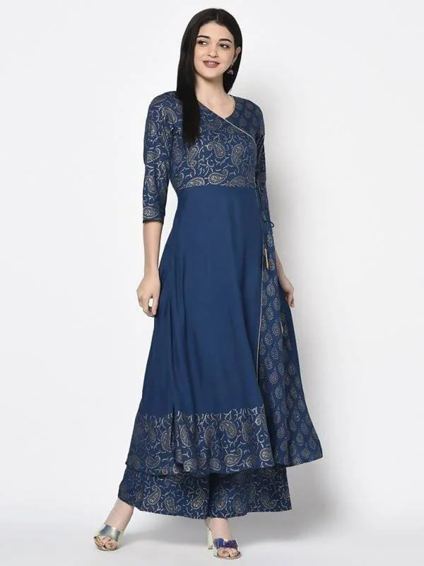 Indian Clothing Aniyah Rayon Blue Color Foil Print Angrakha Anarkali Kurta (AN-208K)