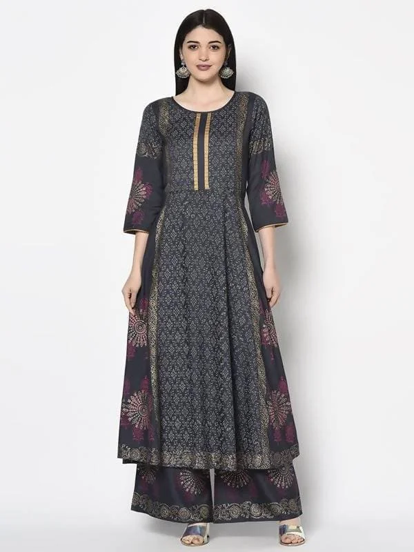 Aniyah Rayon Dark Grey Color Block Print Anarkali Kurta (AN-200K)