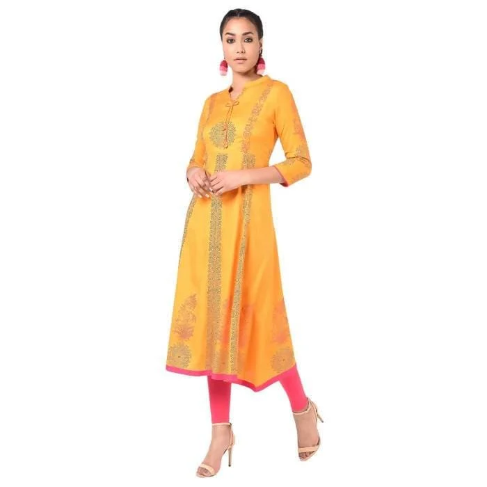 Aniyah Rayon Floral Print Anarkali Kurta In Mustard (AN-164K)