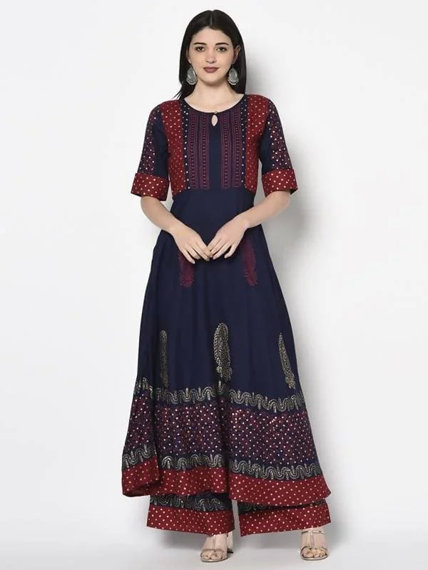 Aniyah Rayon Navy Blue Color Block Print Anarkali kurta (AN-177K)