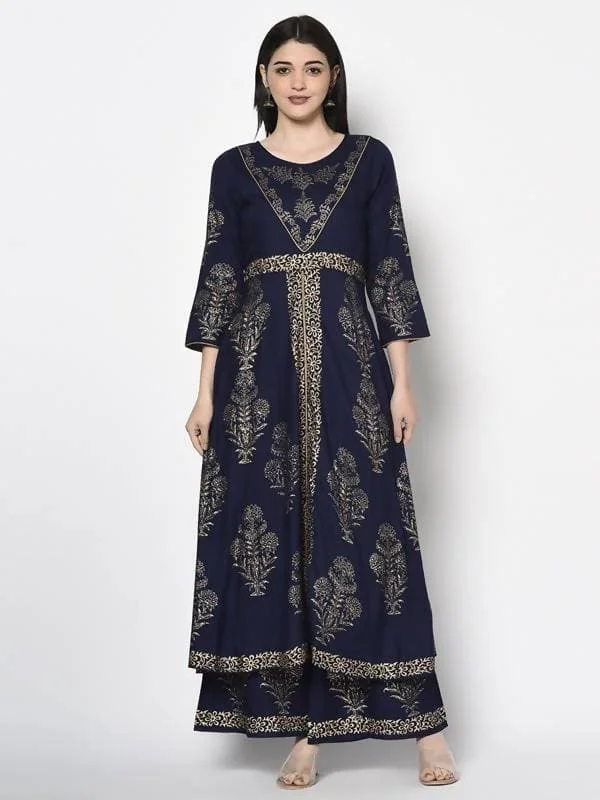 Aniyah Rayon Navy Blue Color Foil Print Anarkali Kurta (AN-192K)