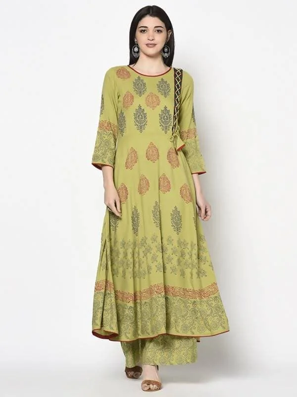 Aniyah Rayon Parrot Green Color Block Print Anarkali Kurta (AN-195K)