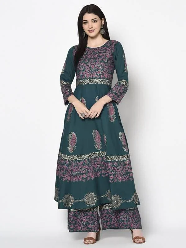 Aniyah Rayon Teal Blue Color Block Print Anarkali Kurta (AN-221K)