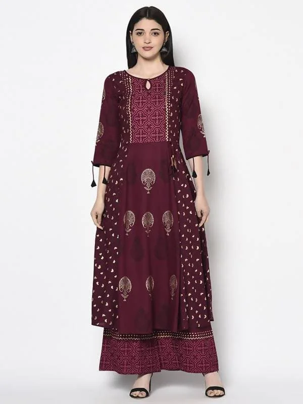 Indian Clothing Aniyah Rayon Wine Color Block Print Anarkali Kurta (AN-172K)