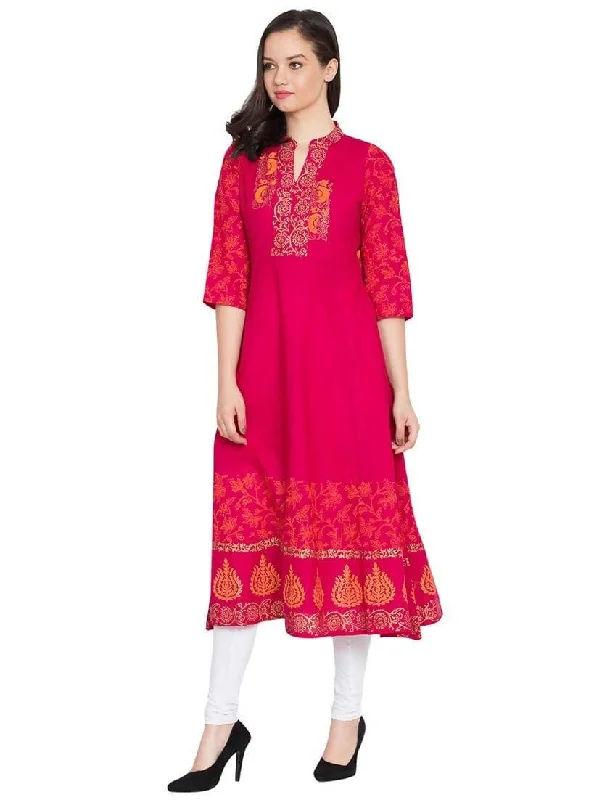 Cheera Hand Block Print Anarkali Kurta In Magenta Color