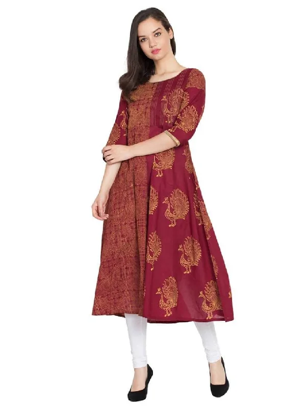 Cheera Hand Block Print Anarkali Kurta In Maroon Color