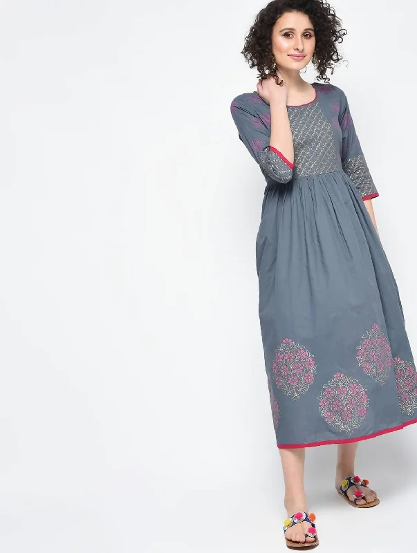 Cheera Hand Block Print Gray Color Anarkali Kurta