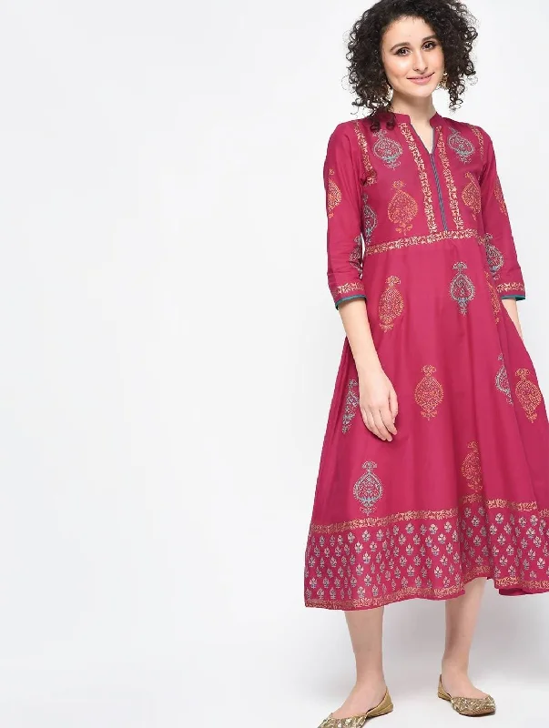 Cheera Hand Block Print Maroon Color Anarkali Kurta