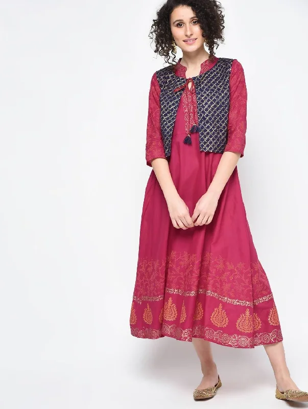 Cheera Hand Block Print Maroon Trendy Anarkali Kurta