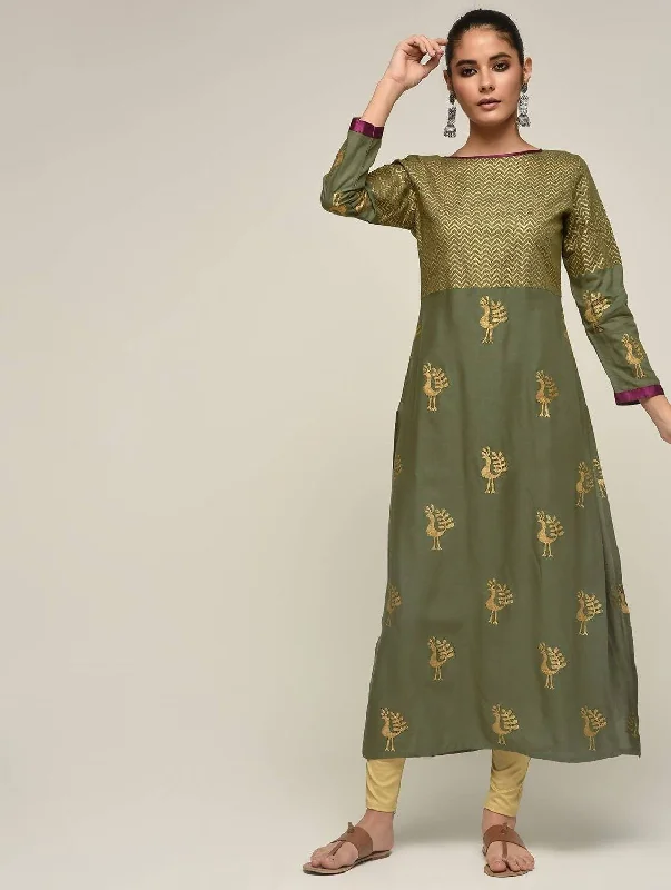 Cheera Hand Block Print Olive green Anarkali Kurta (MAAI-066K)