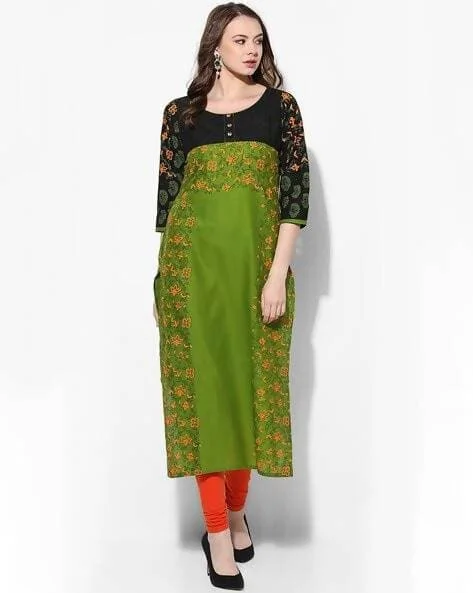 Cheera Hand Block Print Olive Green And Black Anarkali Kurta (MAAI-069K)