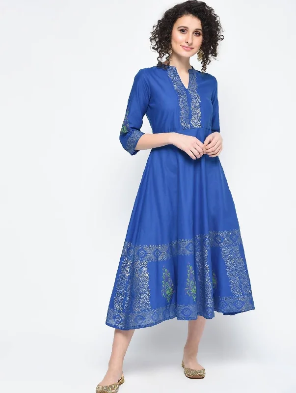 Cheera Hand Block Print Royal Blue Color Anarkali Kurta