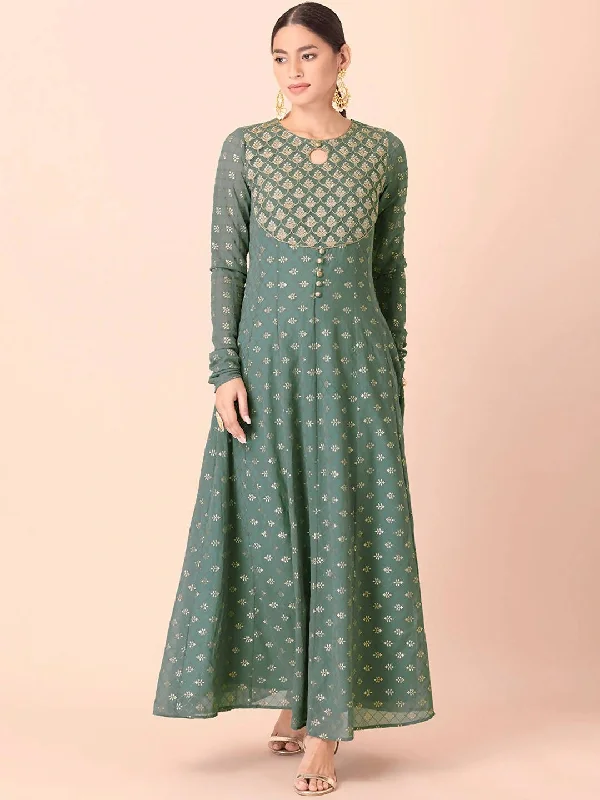 Indya Green & Gold-Toned Ethnic Motifs Printed Georgette Anarkali Kurta