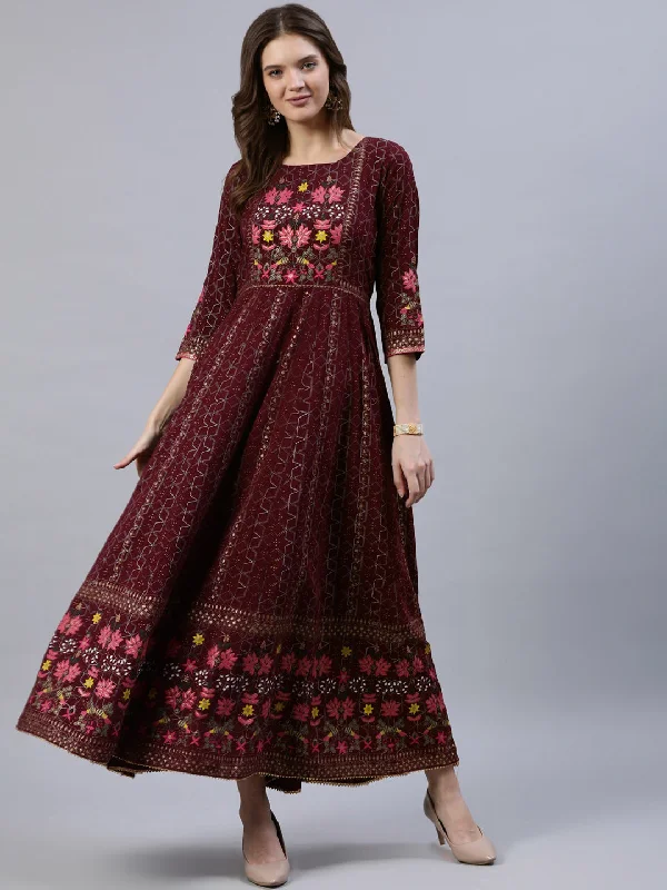 Jaipur Kurti Women Burgundy & Gold-Toned Floral Printed Anarkali Kurta