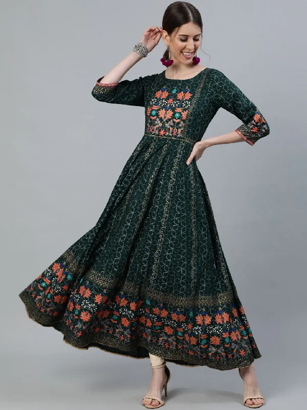 Jaipur Kurti Women Green Geometric Printed Anarkali Kurta