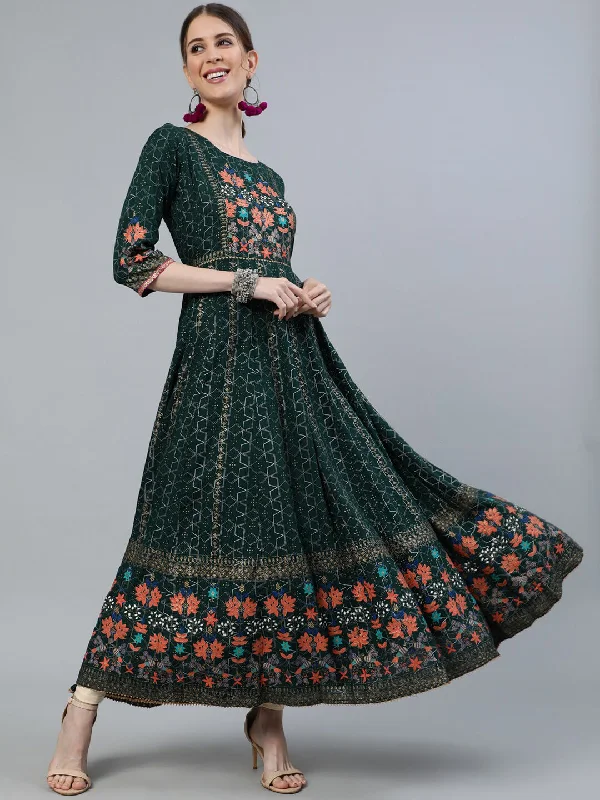 Jaipur Kurti Women Green & Peach-Coloured Floral Printed Anarkali Kurta