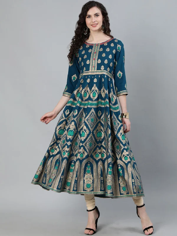 Jaipur Kurti Women Turquoise Blue & Gold Ethnic Motifs Printed Handloom Anarkali Kurta