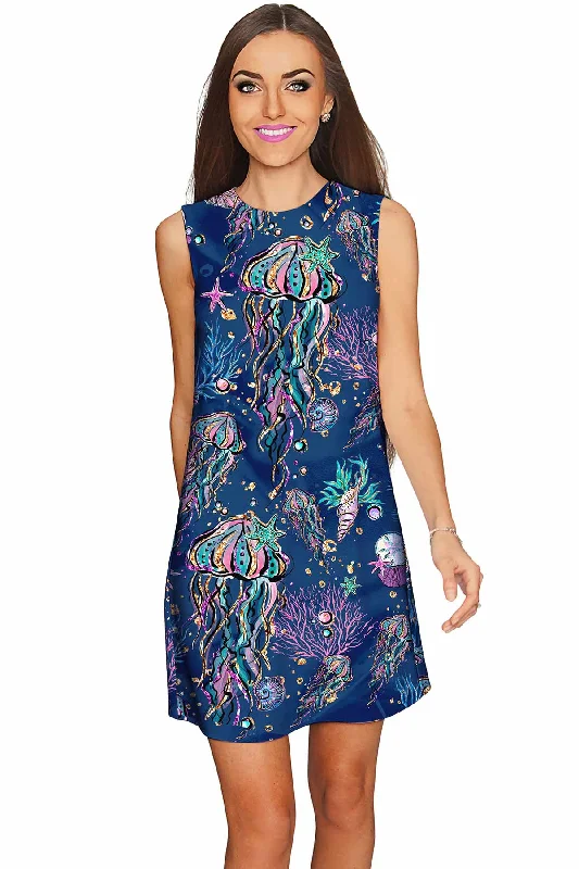 Jellyfish Adele Stunning Blue Sea Life Print Shift Dress - Women