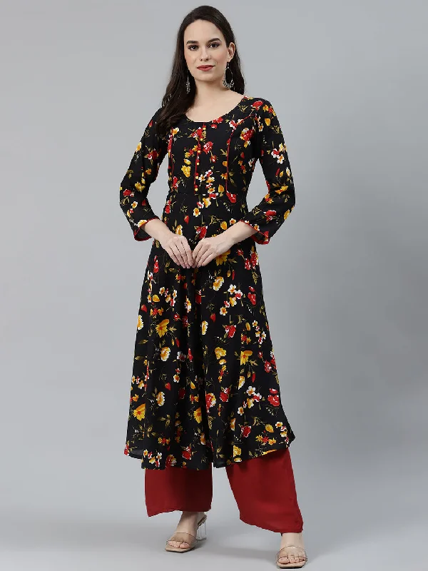 Jompers Women Black & Red Floral Printed Floral Anarkali Kurta