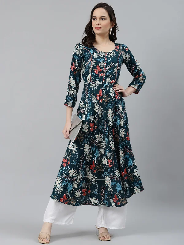 Jompers Women Blue & Pink Floral Printed Floral Anarkali Kurta