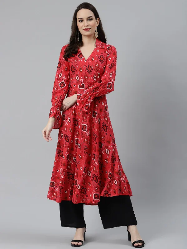 Jompers Women Coral Red & Black Ethnic Motifs Printed Angrakha Anarkali Kurta