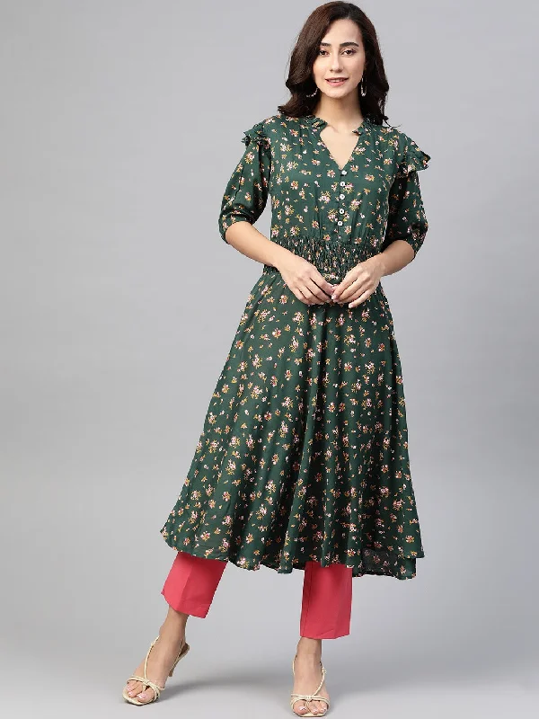 Jompers Women Green & Pink Floral Printed Floral Anarkali Kurta