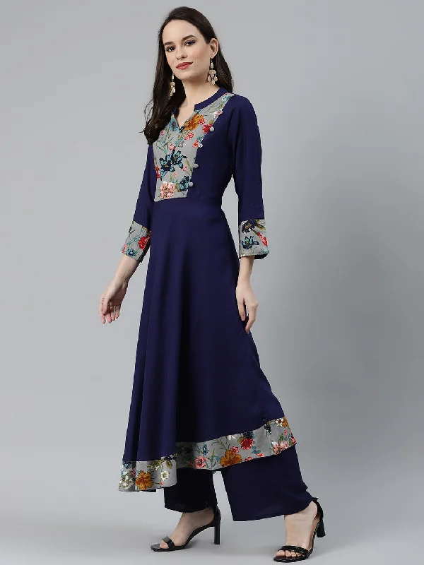 Jompers Women Navy Blue & Grey Floral Printed Yoke Design Anarkali Kurta